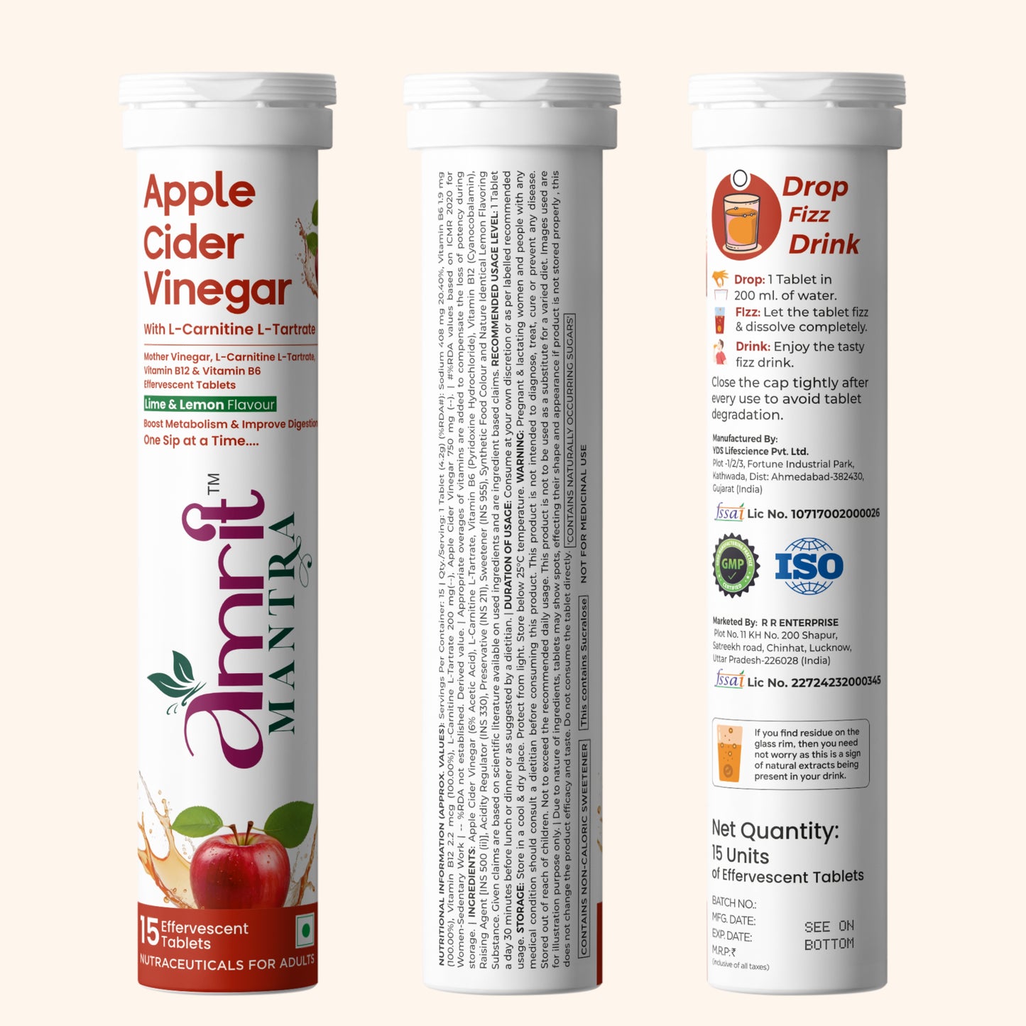 Amrit Mantra Apple Cider Vinegar Effervescent Tablets | Lemon & Orange Flavors