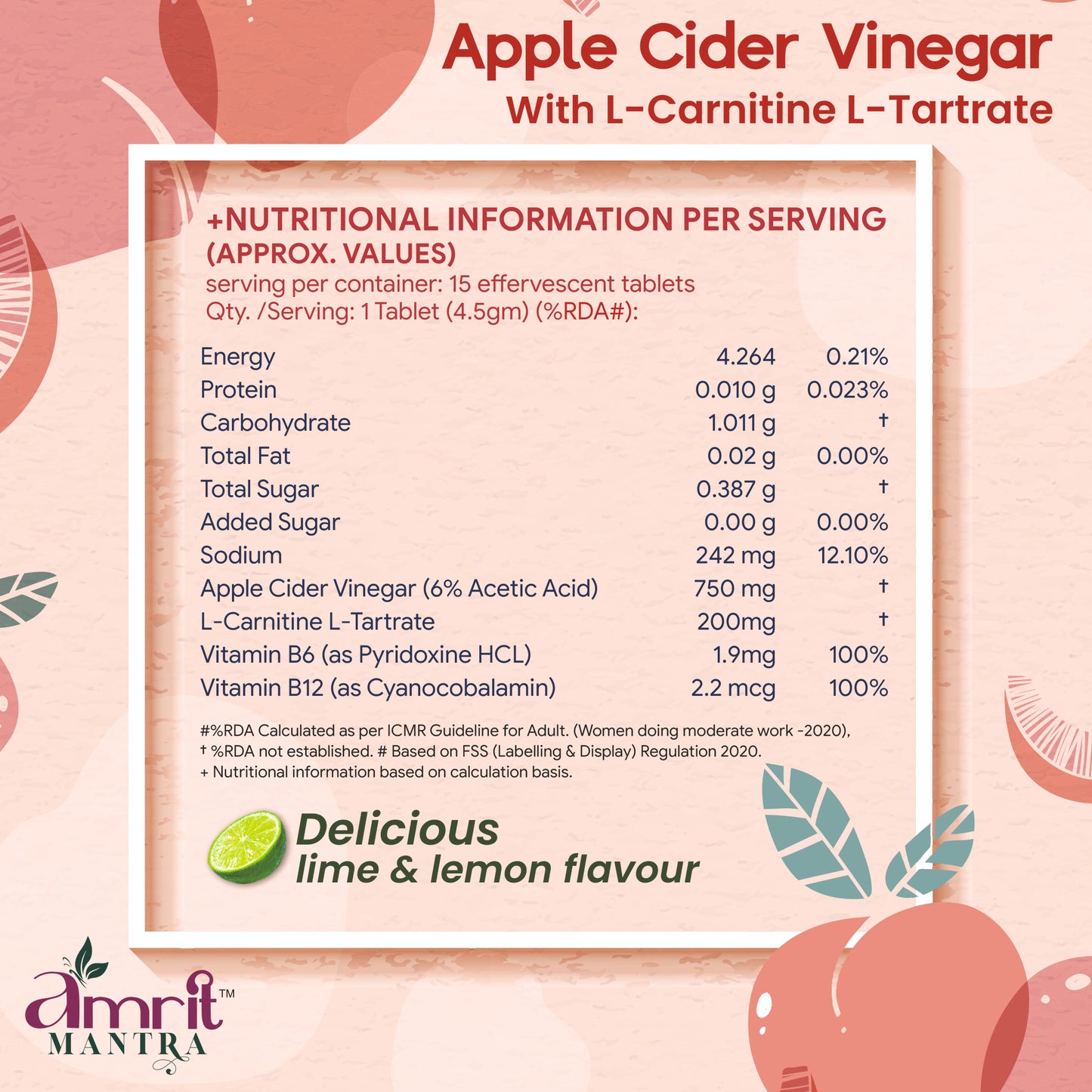 Amrit Mantra Apple Cider Vinegar Effervescent Tablets | Lemon & Orange Flavors
