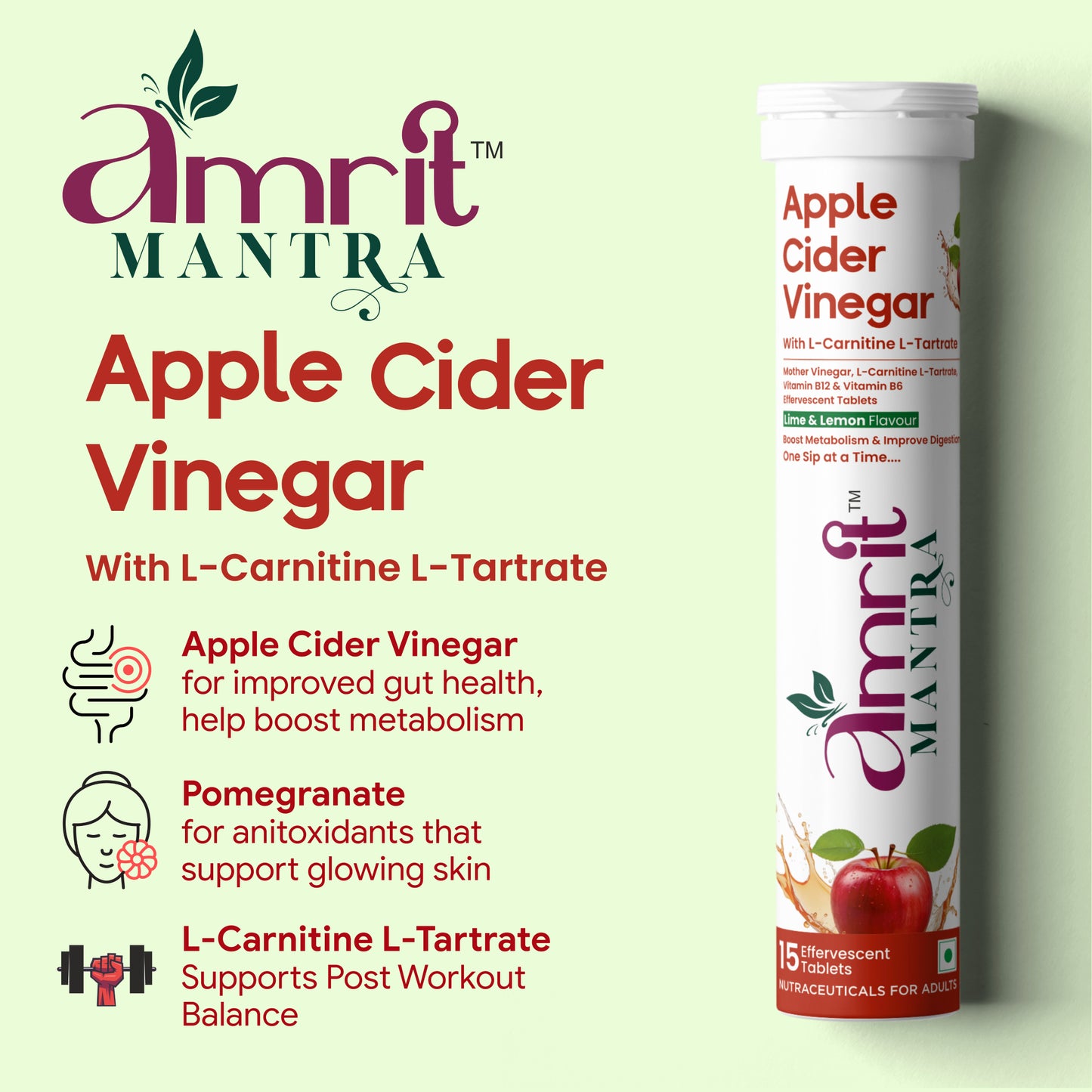 Amrit Mantra Apple Cider Vinegar Effervescent Tablets | Lemon & Orange Flavors