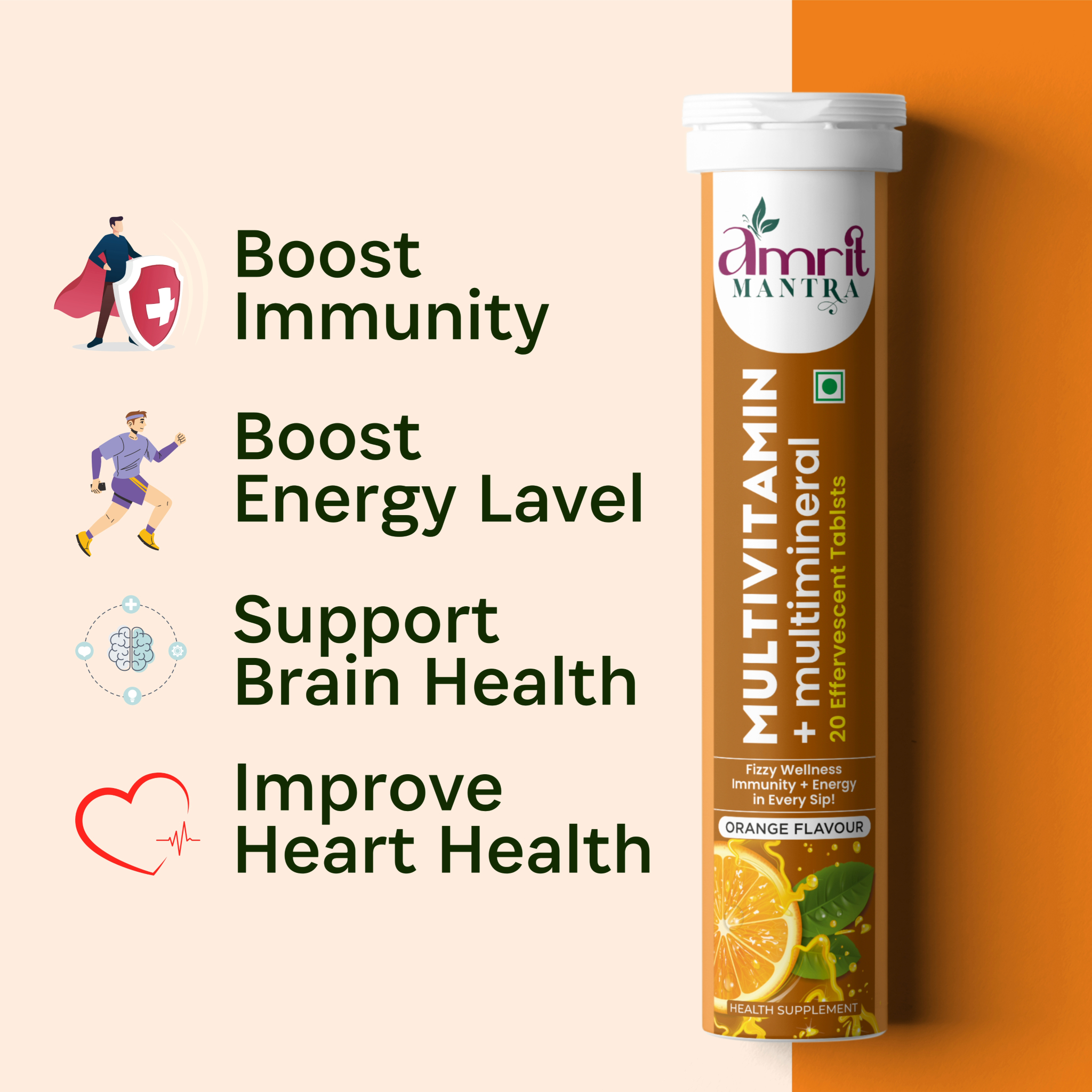 Multivitamin & Multimineral Effervescent Tablets – 20 Tablets | Orange